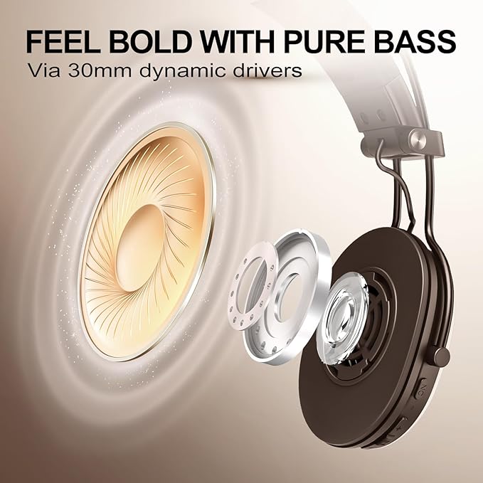 Active Noise Cancellation Wireless Bluetooth On-Ear Headphones:with - Hi Res Sound Up to 55H Battery Life, Lightweight, Comfortable, Foldable Design, for Home Office Travel, Dark Brown