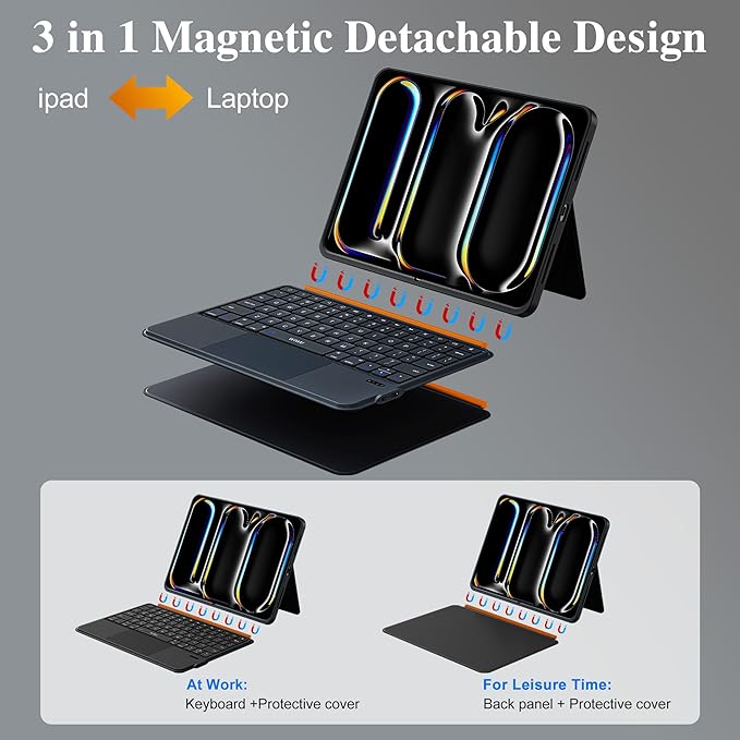WIWU iPad Pro 11 inch Case with Keyboard M4/M5 2024/2025 Magnetic Detachable 3 in 1 Case Bluetooth Keyboard Adjustable Stand 7 Colors Backlit Keys with Trackpad (Black, iPad Pro 11"(M4/M5 2024/2025))