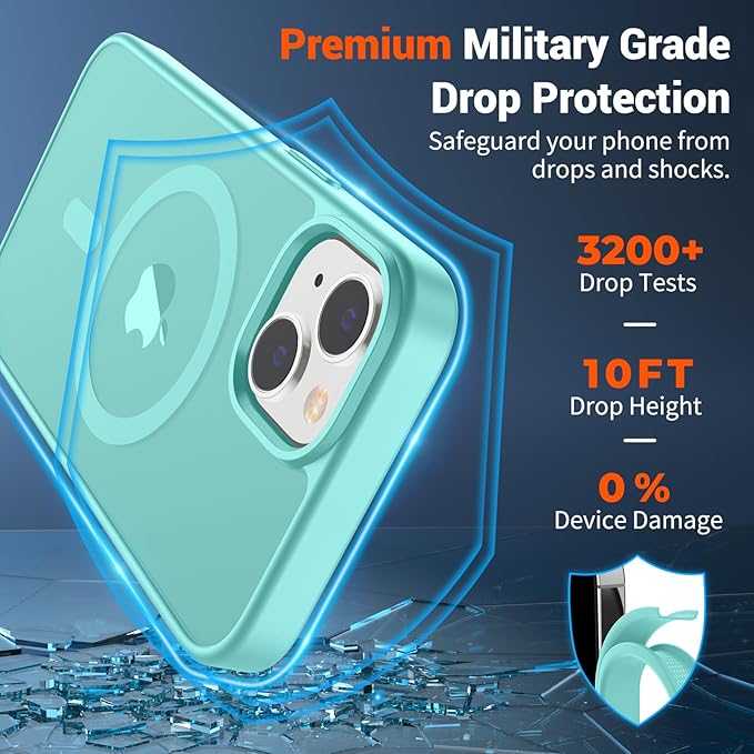 SUPFINE Magnetic for iPhone 14 Case & iPhone 13 Case (Compatible with MagSafe)(Military Grade Drop Protection) Slim Translucent Matte Shockproof Phone Cover,Blue Green