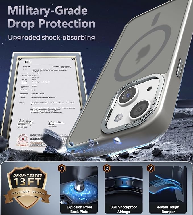 Newfuture Magnetic for iPhone 15 Case [Compatible with Magsafe] [Military Grade Drop Protection] Translucent Matte Anti-Fingerprint Shockproof Phone Case for iPhone 15 6.1 inch, Titanium Gray