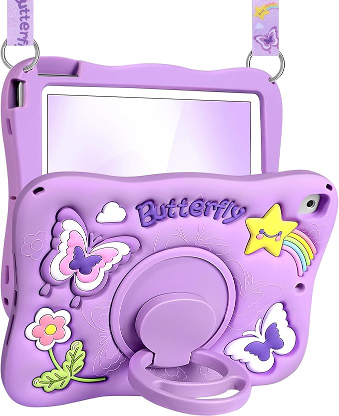 Kidcube for iPad 5th/6th Generation Case, for iPad Air 1st/2nd Gen, for iPad Pro 9.7 Inch Case - Girls Cute Kawaii Girly 3D Purple Butterfly Design Cover with Rotating Stand & Strap Silicone Women