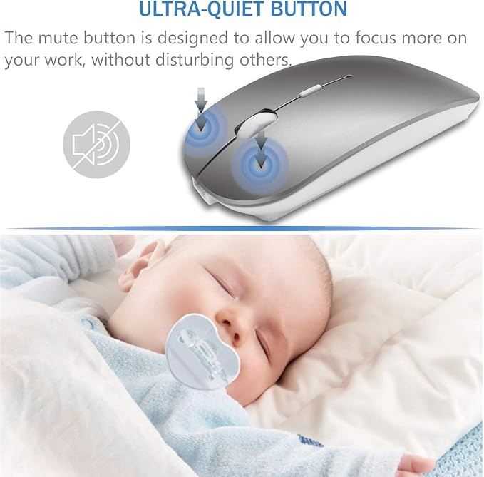Bluetooth Wireless Mouse for MacBook Air Mac Pro Laptop Computer iPad Pad PC Laser Optical Rechargeable Mini Slim Silent Mouse Widely Used Desktop Hp iMac (Gray)