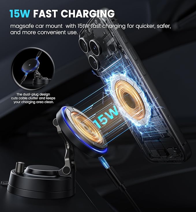 OANDYS for MagSafe Car Mount Charger 15W Fast Wireless Charging Magnetic Car Phone Holder, 82+LBS Strongest Suction, 3200gf Strongest Magnetic,360°Rotatable Stand for iPhone 17-12 Pro Max Plus Air