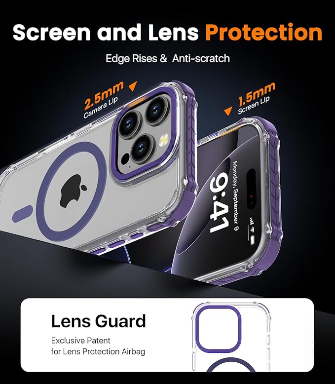 DEERLAMN Strong Magnetic Case for iPhone 16 Pro 6.3-Inch,[Compatible with Magsafe] Clear Slim Shockproof Protective Phone Cover for Women Men-Transparent+Purple