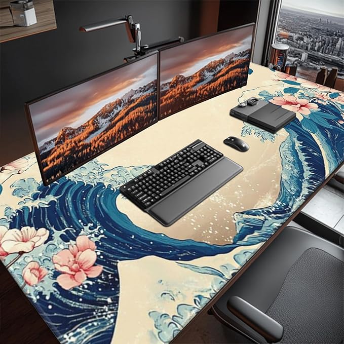 Japanese Sea Wave Extended Large Mouse Pad for Desk, 48"x24" Big Gaming Mouse Pads with Stitched Edges, Non-Slip Rubber Base Computer Desk Mat Mouse Mat for Home Office Work
