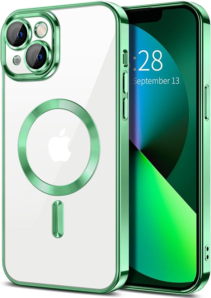 Hython Magnetic Clear for iPhone 13 Case with Camera Lens Protector [Compatible with MagSafe] Luxury Plating Edge Slim Soft TPU Cover Protective Phone Case for iPhone 13 6.1", Light Green
