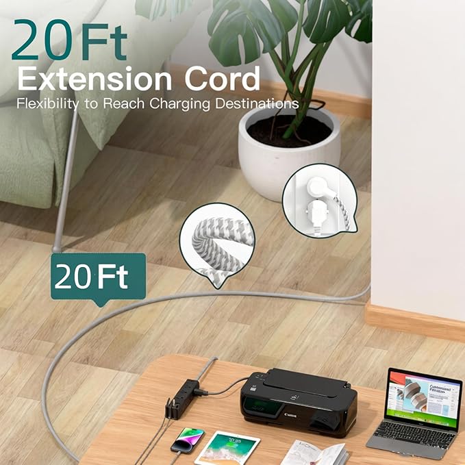 Addtam 20FT Long Black Power Strip Surge Protector, 12 Wide Spaced Outlets 4 USB, Flat Plug Extension Cord, Wall Mount Outlet Extender, 1050J Protection for Garage Workshop Office Gaming, ETL Listed