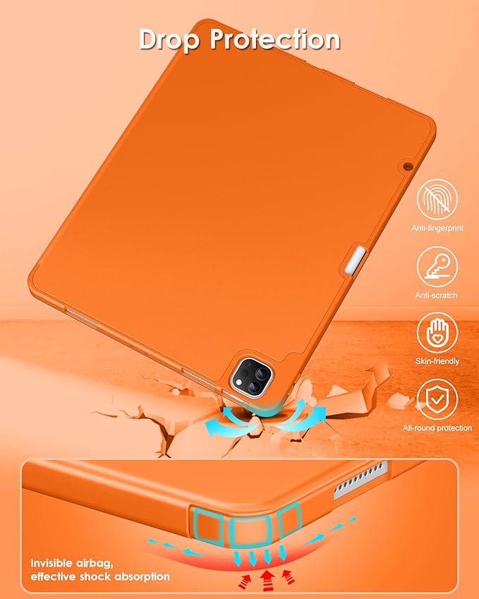 DTTO for iPad Air 13 Inch Case M4/M3/M2 2026/2025/2024, iPad Pro 12.9 Inch Case (6th/5th/4th/3rd Gen), Smart Slim Trifold Stand Soft Cover with Pencil Holder, Orange
