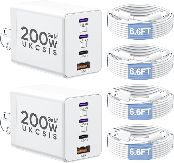 2 Pack 200W USB C Charger Block, Adapter for iPhone 17/16/15 Pro Max Charger Fast Charging, Foldable 4-Port GaN5 Fast Charging Block, Dual 65W Laptop Super Fast Charger Type C for MacBook Pro/Air iPad