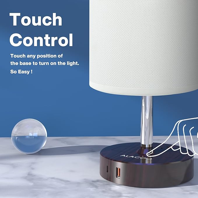 Small Bedside Table Lamp for Bedroom - 3 Way Dimmable Touch Lamp with USB Charging Station and AC Outlet, Wood Base & Fabric Linen Lampshade for Office, Living Room, Dorm, Brown-White, (LED Included)