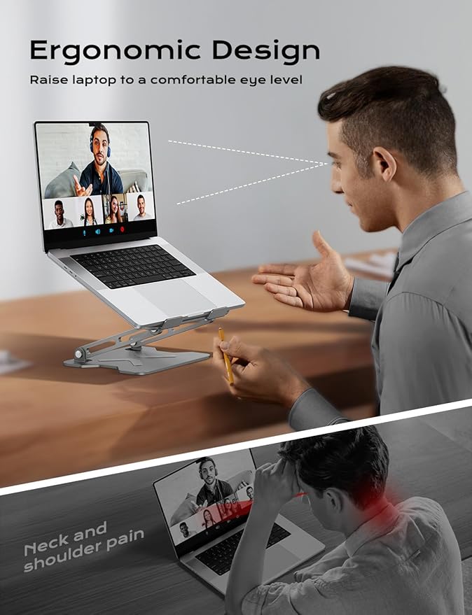 JCZT Foldable Laptop Stand for Desk, Adjustable Height Ergonomic Computer Stand, Portable Laptop Riser for MacBook Air Pro, All 10-16'' Notebooks Laptops, Grey