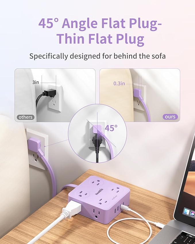 Extension Cord with Multiple Outlets, SMALLRT Flat Plug Power Strip, 6.5FT Power Strips with Surge Protection with USB Ports, 8 Outlets, Surge Protector Outlets Extender for Home Office, Purple