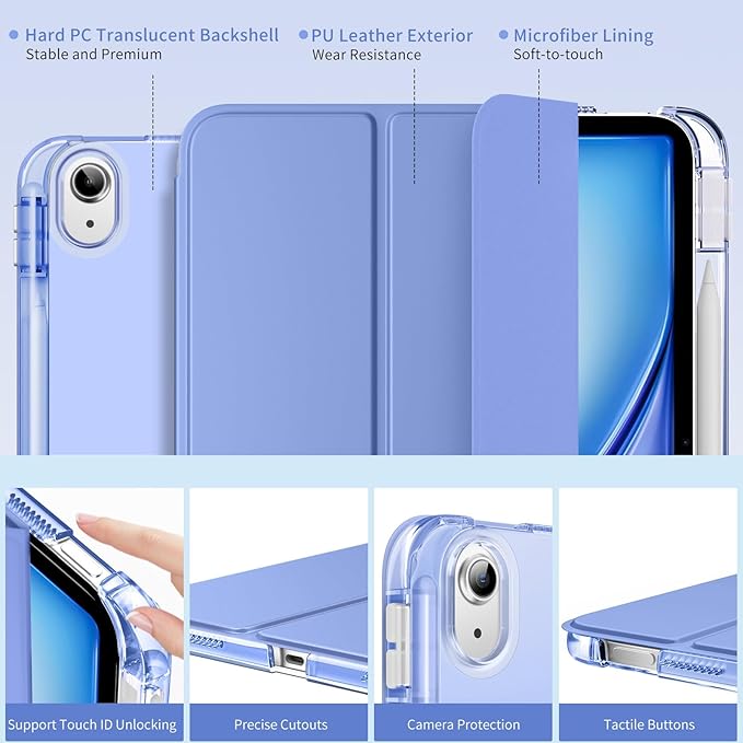 MoKo for iPad Air 11 inch Case (M4/M3/M2) 2026/2025/2024, iPad Air 5th/4th Gen 10.9 inch Case 2022/2020 with Pencil Holder, Slim Light Trifold Cover with Hard PC Translucent Back Shell, Periwinkle