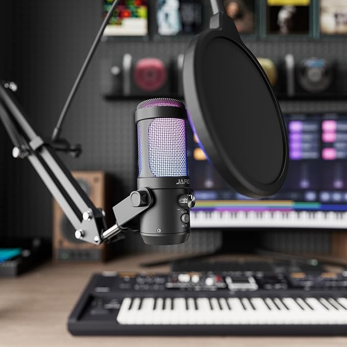 JARO USB Podcast Microphone with Boom Arm, Studio Condenser Mic with Real-Time Monitoring, Mute, Volume Control Ideal for Voice & Singing (Black)
