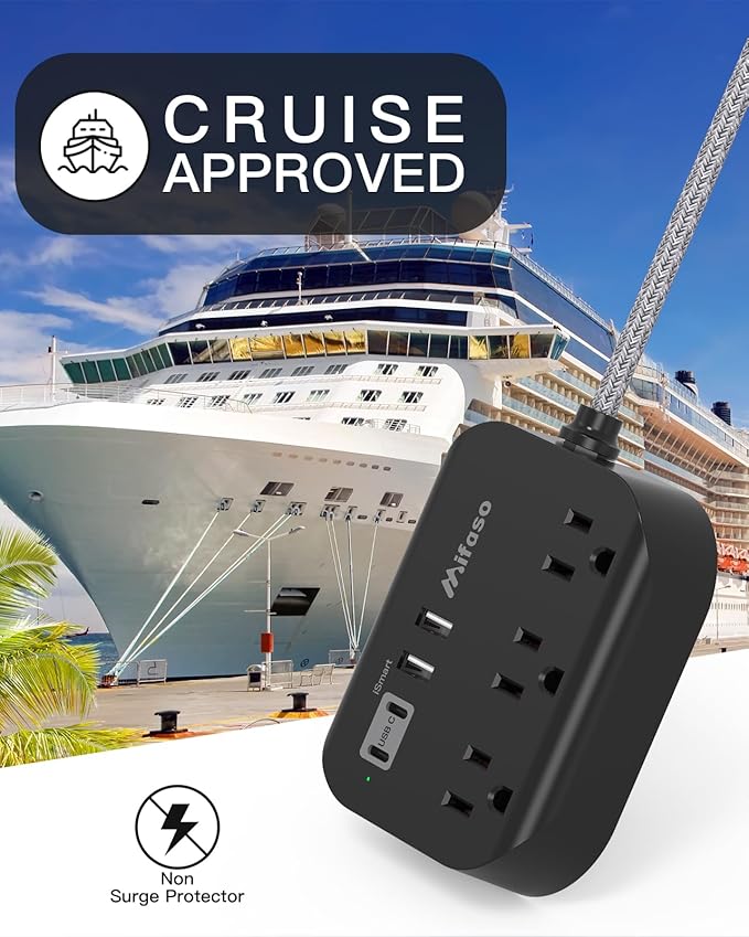 Travel Essentials - Mifaso Power Strip with USB, Compact Flat Plug Extension Cord 5ft with 3 Outlets 4 USB Ports, Non Surge Cruise Must Haves, Cruise Ship Essentials, Dorm Room, Apartment Essentials