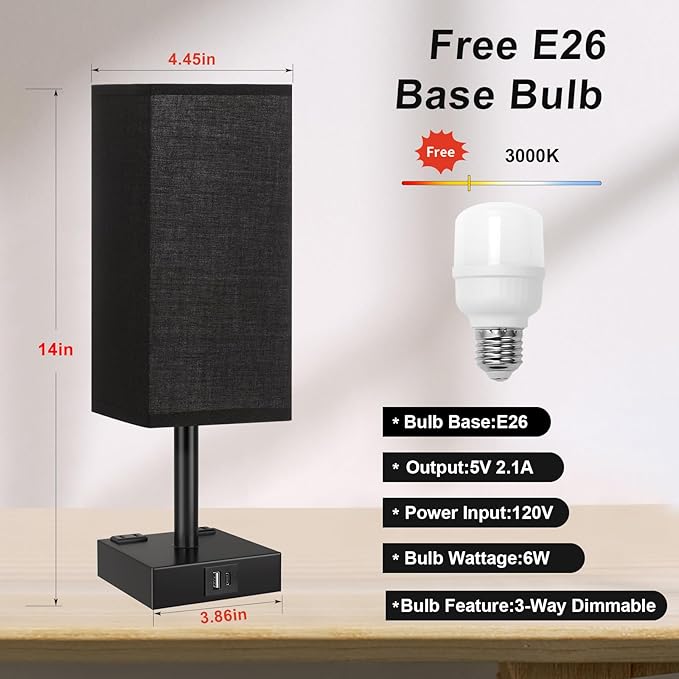 Touch Bedside Table Lamp for Nightstand - 3-Way Dimmable Night Lamp with USB A + Type C Charging Ports and Two AC Outlets, Small Desk Light with E26 LED Bulb for Bedroom Living Room Dorm Office,Black