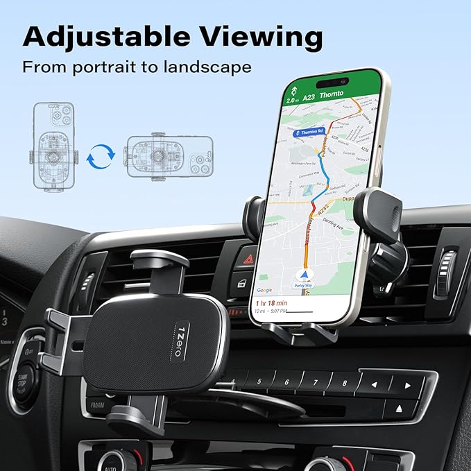 1Zero Easy One-Button Release CD Phone Holder for Car, Universal Air Vent & CD Slot Phone Mount, Thick Cases Friendly Cell Phone Holder for iPhone, Google, Samsung, Moto & Other Smartphones (Clamp)