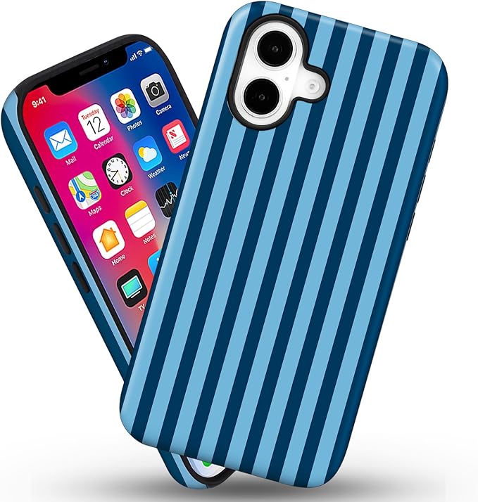 Magnetic for iPhone 16 Case Cute Stripes Phone Case, Shockproof Slim TPU and Hard PC Protective Phone Cover Compatible with MagSafe Designed for Women Girls, Lake Blue