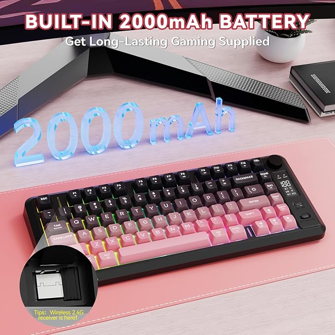 ZIYOU LANG M75 Wireless Gaming Keyboard, RGB Backlit Rechargeable 2000mAh Battery, Small Membrane But Mechanical Feel Keyboard with Smart Display & Knob, PBT Gradient keycaps for PC, MAC-BlackBerry