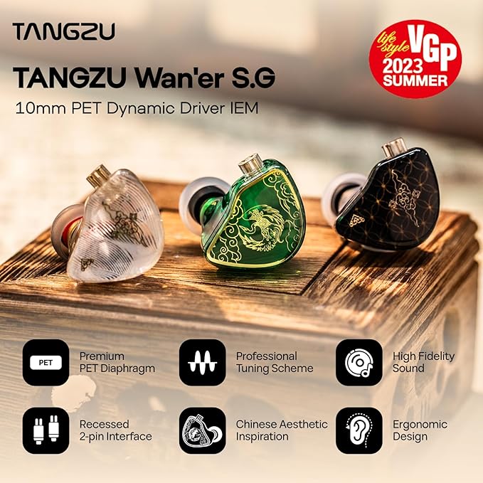 Linsoul TANGZU Wan’er S.G HiFi 10mm Dynamic Driver PET Diaphragm in-Ear Earphone with Ergonomic Shape, Detachable Recessed 2Pin OFC Braided Cable for Audiophile Musician DJ Stage(Black, with Mic)