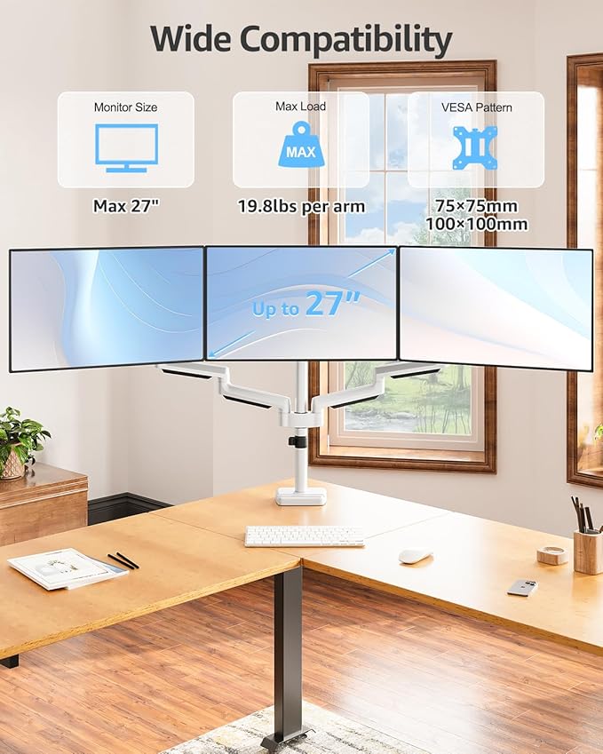 MOUNTUP Triple Monitor Stand Mount - 3 Monitors Desk Mount for Computer Screens Up to 27 inch, Triple Monitor Arm, Heavy Duty Monitors Stand, Each Arm Holds 4.4-19.8 lbs, White