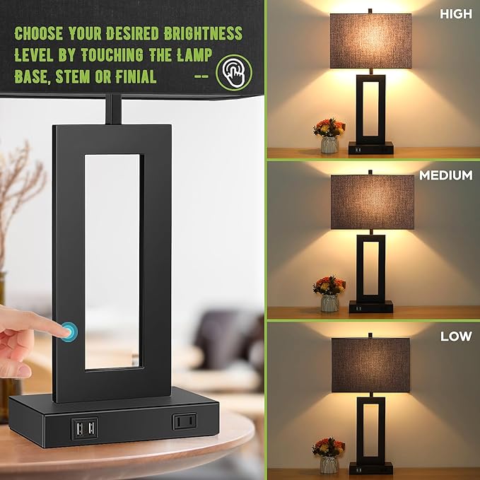 TOBUSA 28’’ Tall Black Lamps for Living Rooms Set of 2, Modern Touch Control Table Lamps for Bedroom, 3 Way Dimmable Bedside Lamps with 2 USB Ports&AC Outlet, High-end Decor Lamp for Home Office