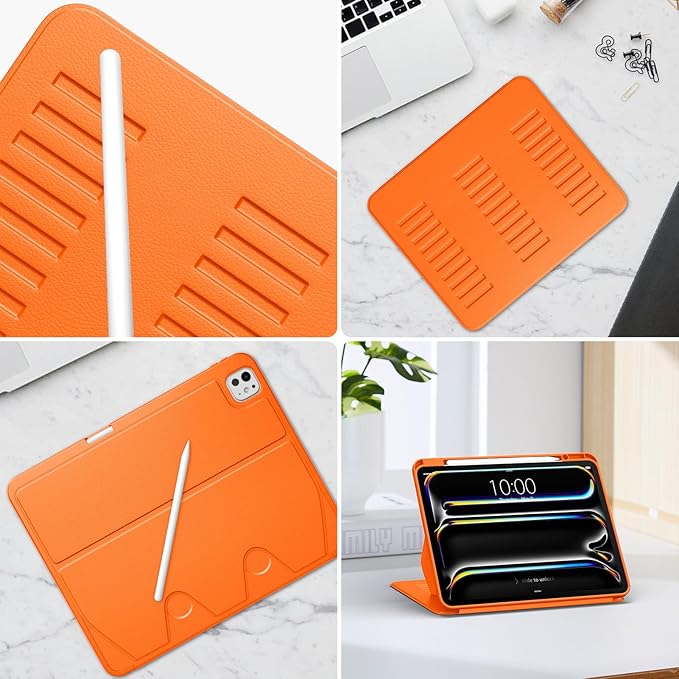 VIKESI Case for iPad iPad Pro 13-inch M5 or M4 Released in 2025 or 2024,Multiple Angles Magnetic Stand Cover,Shockproof Soft Back,Pencil Holder,and Auto Sleep/Wake,Orange