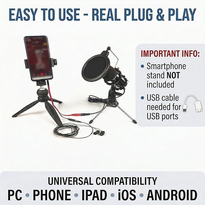 Japard Gaming USB Microphone for PC High Sensitivity, Mini Condenser 3.5 mm Plug for iPhone iPad Android, Broadcast Music Recording Set for Computer Meeting Podcast, Gift for Kids
