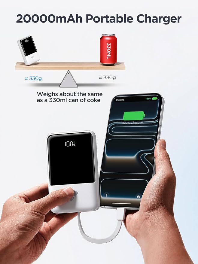 Aioneus 20000mAh Portable Charger, Power Bank with Built in Cables USB C 22.5W Fast Charging Battery Pack for iPhone 16 15 14 13 12 11 Pro Max, Samsung Galaxy S25 S24 S23 Android Phones (1Pack)