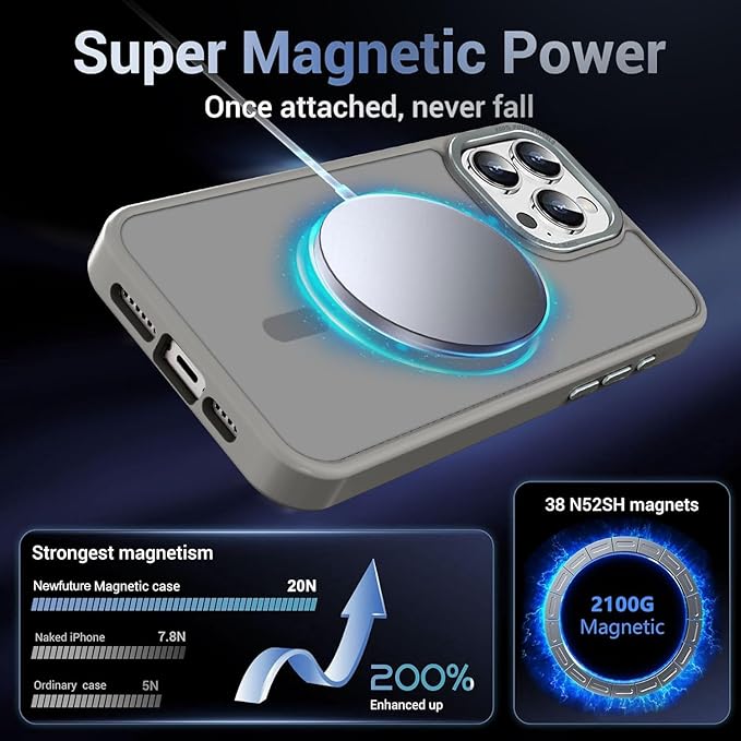 Newfuture Magnetic for iPhone 15 Pro Case [Compatible with Magsafe] [Military Grade Drop Protection] Translucent Matte Anti-Fingerprint Shockproof Phone Case for iPhone 15 Pro 6.1 inch, Titanium Gray