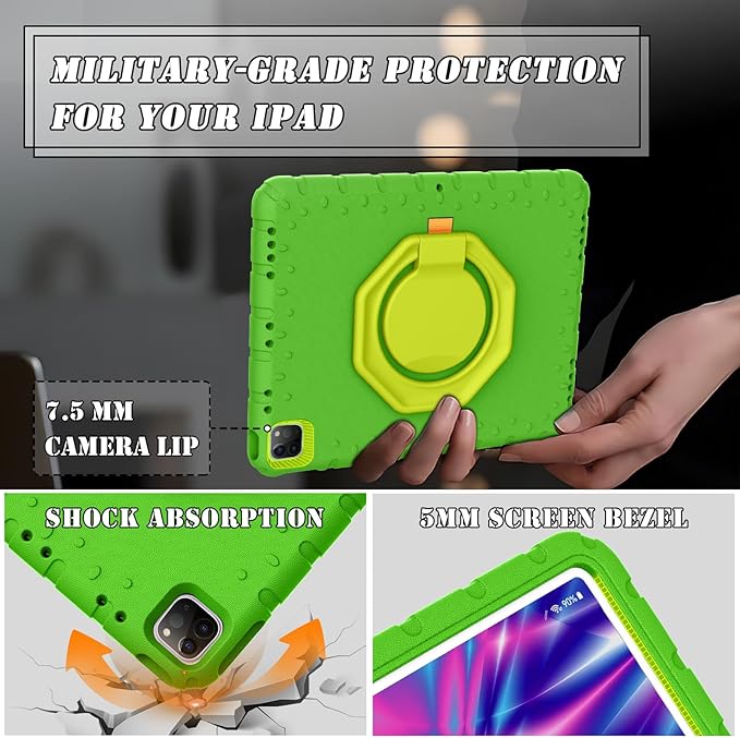 Case for iPad Pro 12.9 6th/5th/4th/3rd Gen, Heavy Duty Shockproof EVA Foam Protective Cover with 360° Rotating Stand, Stable & Lightweight, for Kids, Work, Travel & Creative Use - Green
