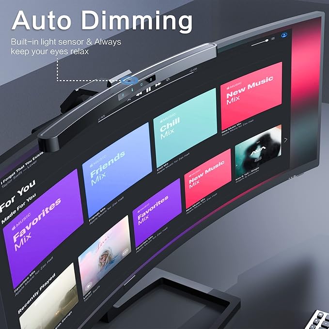 ONWAY Curved Monitor Light Bar with Wireless Remote,Monitor Auto-Dimming and Camera Base,Applicable to All Screens. No Screen Glare,for Home Office