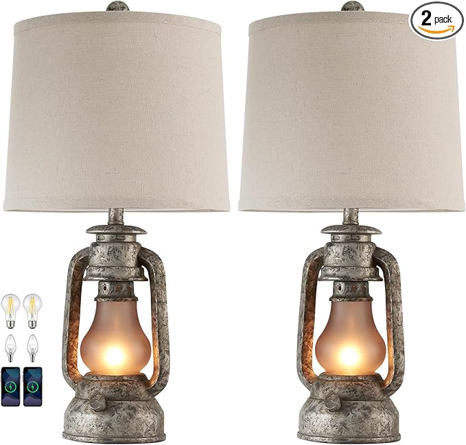 Farmhouse Rustic Table Lamps for Living Room Set of 2, Vintage Lantern Table Lamp with Dual USB Ports, Retro Nightstand Lamp for Bedroom Bedside, 4 Bulbs Included (Iron Gray)