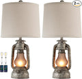 Farmhouse Rustic Table Lamps for Living Room Set of 2, Vintage Lantern Table Lamp with Dual USB Ports, Retro Nightstand Lamp for Bedroom Bedside, 4 Bulbs Included (Iron Gray)