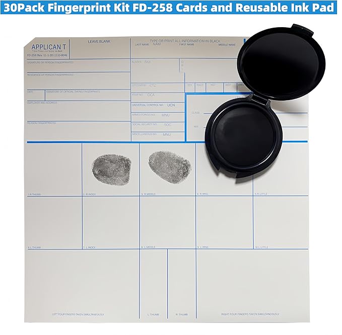 30 Pack FD-258 Fingerprint Kit - Includes Reusable Ink Pad, Instructions, Newest Version (11-1-20) for Fingerprinting SBR & More