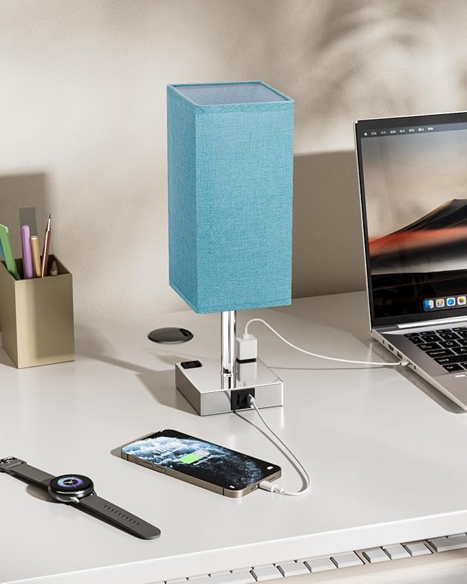 Touch Bedside Table Lamp For Nightstand - 3-Way Dimmable Night Lamp with USB A + Type C Charging Ports and two AC Outlets, Small Desk Light with E26 Bulb for Bedroom Living Room Dorm, Turquoise