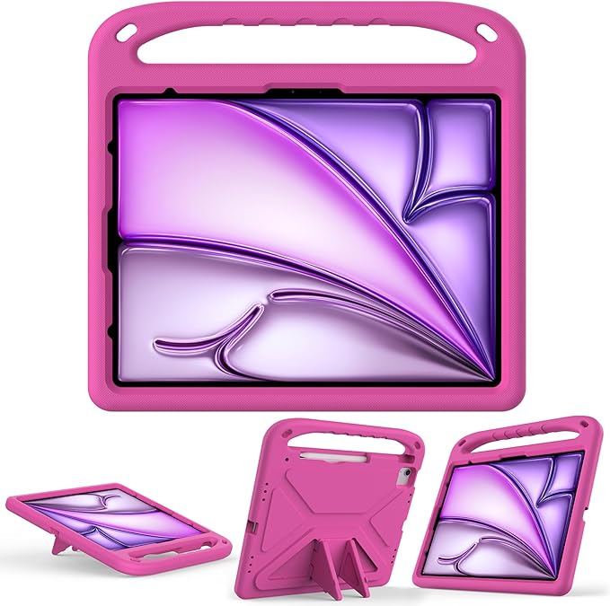 for iPad Air 11" M4 M3 M2 2026 2025 2024 Case for Kids, iPad Pro 11 Inch M5 M4 Case 2025 2024, Soft EVA Handle with Shoulder Strap Stand Cute Kids Friendly Bumper Cover, Rose