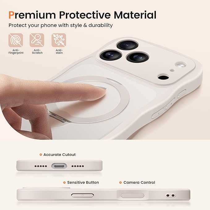 CAPRARO for iPhone 17 Pro Max Case with 360° Spin Magnetic Stand for Women, [Compatible with MagSafe] [Full Camera Protection] Cute Wave Translucent Matte Case for iPhone 17 Pro Max, Stone