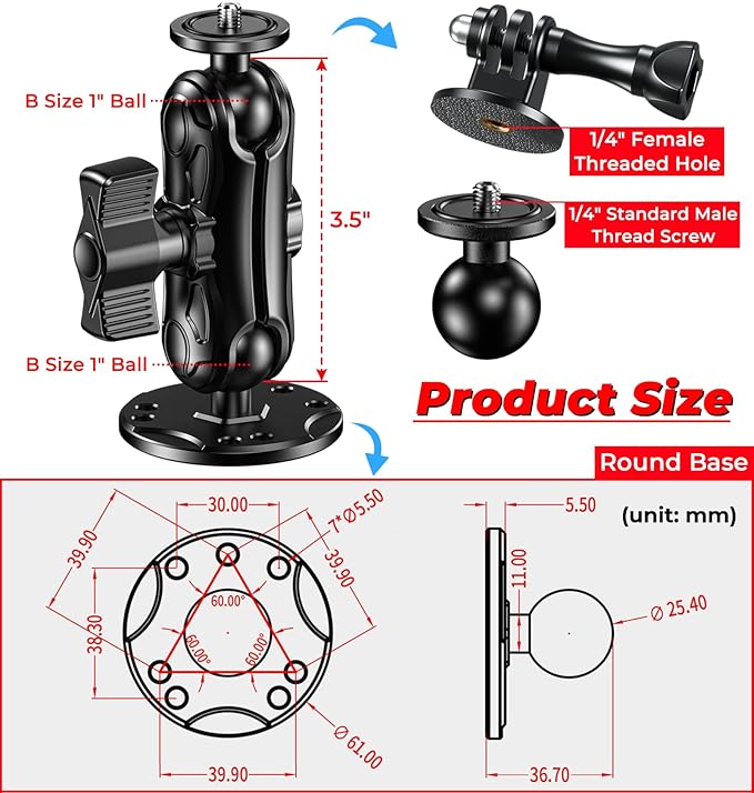 VAZESWIN Aluminum Alloy Camera Mount - with 1/4" Thread Tripod Adapter for Gopro Insta360 DJI Action Cameras, 360° Rotation Adjustable 1" Ball Mount with AMPS Hole Round Base, for Car Boat Dashboard
