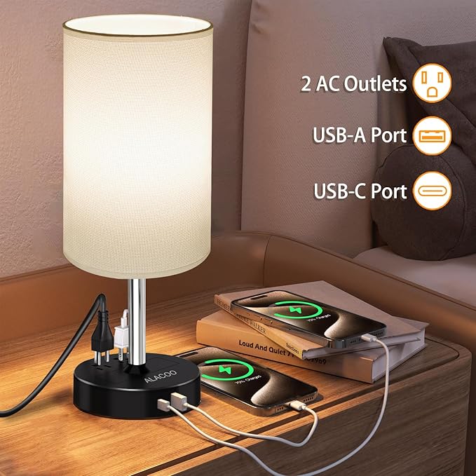 Small Bedside Table Lamp for Bedroom - 3 Way Dimmable Touch Lamp with USB Charging Station and AC Outlet, Wood Base & Fabric Linen Lampshade for Office, Living Room, Dorm, Black-White, (LED Included)