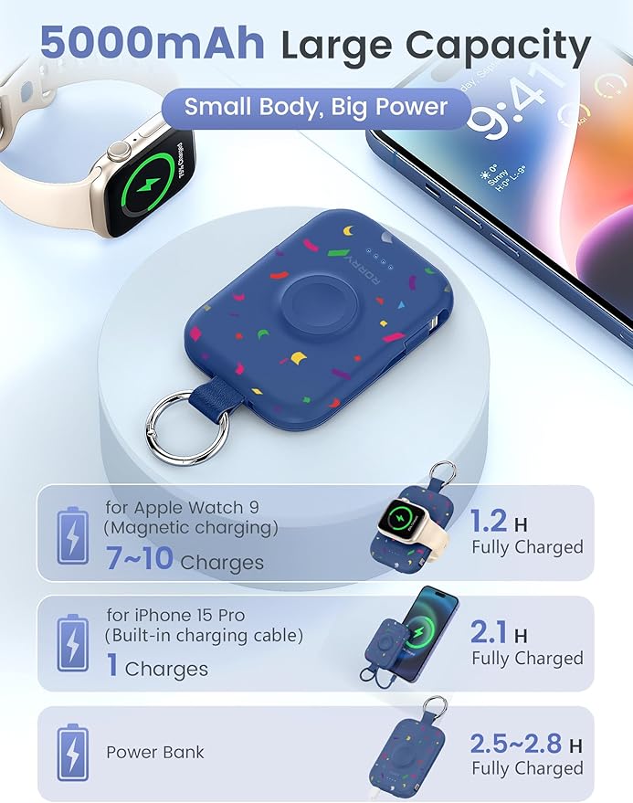 RORRY Portable Charger, 5000mAh Portable Charger Power Bank with Built-in Cables, Travel Keychain Battery Pack for Apple Watch Ultra/11/10/9/8/7/6/SE, iPhone Air/17/16/15/14/13/12, Confetti-Deepblue
