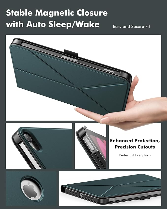 INFILAND Case for iPad Mini 7 (A17 Pro) 2024 / iPad Mini 6 2021, Magnetic Origami Slim Protective Case, Book-Style Foldable Cover with Pencil Holder, Multi-Angle Stand, Auto Wake/Sleep, Midnight Green