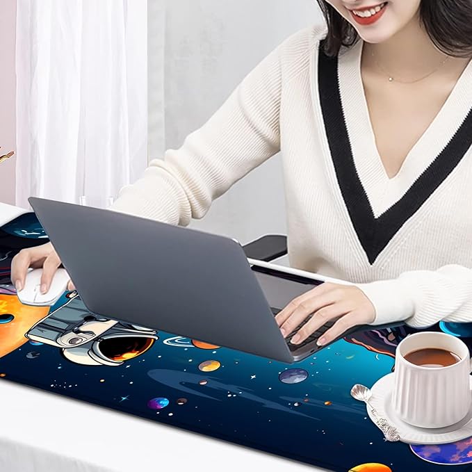 Large Mouse Pad, 31.5 x 11.8in Extended Gaming Mouse Pad with Stitched Edges, XXL Mousepad Protector Non Slip Rubber Base for Office and Home Writing Mat, Anime Space Astronauts Pattern Black Desk Mat