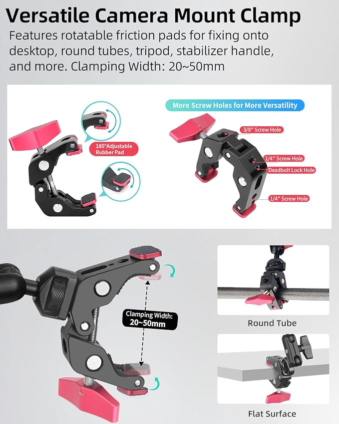 22" Magic Arm w Clamp Mount, Overhead Desk Phone Mount Stand, Adjustable Articulating Friction Camera Boom Arm w 1/4" Thread for Phone Video Light Webcam Action Camera Tripod Mic