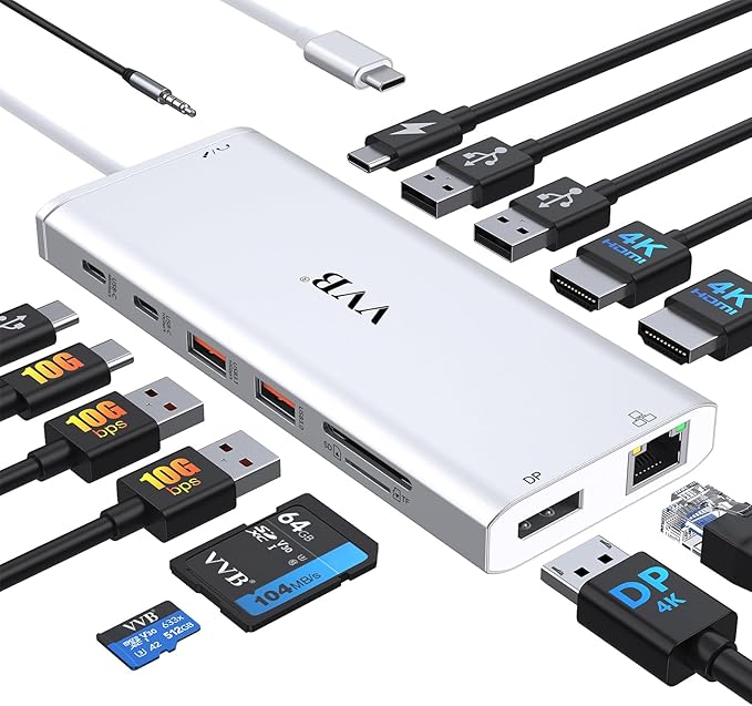 USB C Laptop Docking Station Dual Monitor HDMI for Dell/Lenovo/HP Laptop 14 in 1 USB C Hub Multiport Adapter Dongle Dock USB C to 2 HDMI 4K+DisplayPort+Ethernet+4USB+2USB C+100W PD Charger+SD/TF+Audio