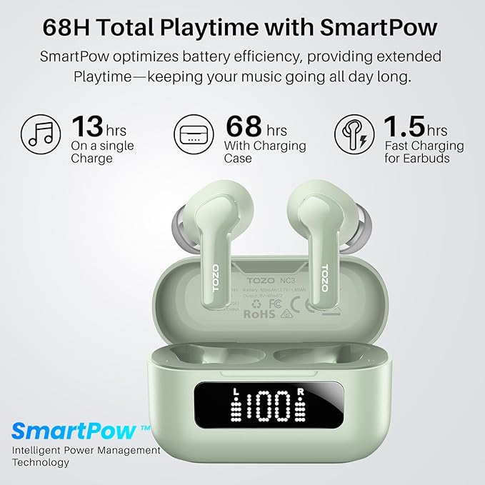 TOZO Hybrid Active Noise Cancelling Wireless Earbuds with 6 Mics AI Clear Call Ear Buds 68H Playtime with LED Display 32 Preset EQs via APP Bluetooth 5.3 IPX8 Waterproof in Ear Headphones