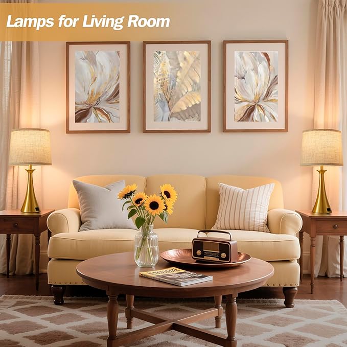 Touch Lamp for Living Room Bedroom, 21" Table Lamps Set of 2 with USB C+A Ports, Touch Bedside Lamps for Nightstand with 3 Way Dimmable, 2 LED Bulbs Included, Gold
