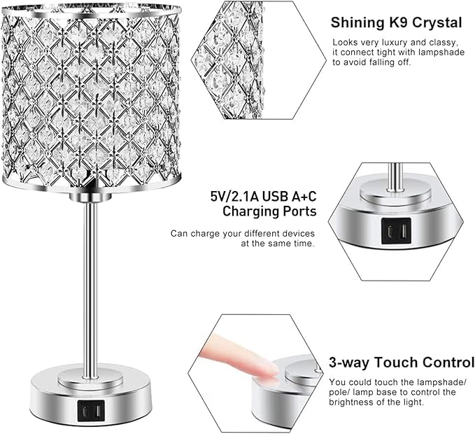 Crystal Table Bedside Lamp Touch Control, Dimmable Small Nightstand Lamp Set of 2 with USB-C+A Charging Ports, Decorative Silver Tabletop Lamp for Bedroom Living Room Guest Room, Bulbs Included