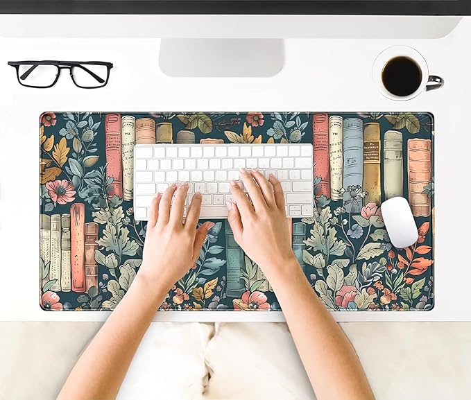 Floral Books Desk Mat Cute Desk Pad XXL Mouse Pad Colorful Mouse Keyboard Pad Flower Bookshelf Desktop Mat for Computer Laptop Aesthetic Reader's Home Decor 31.5x15.7 in
