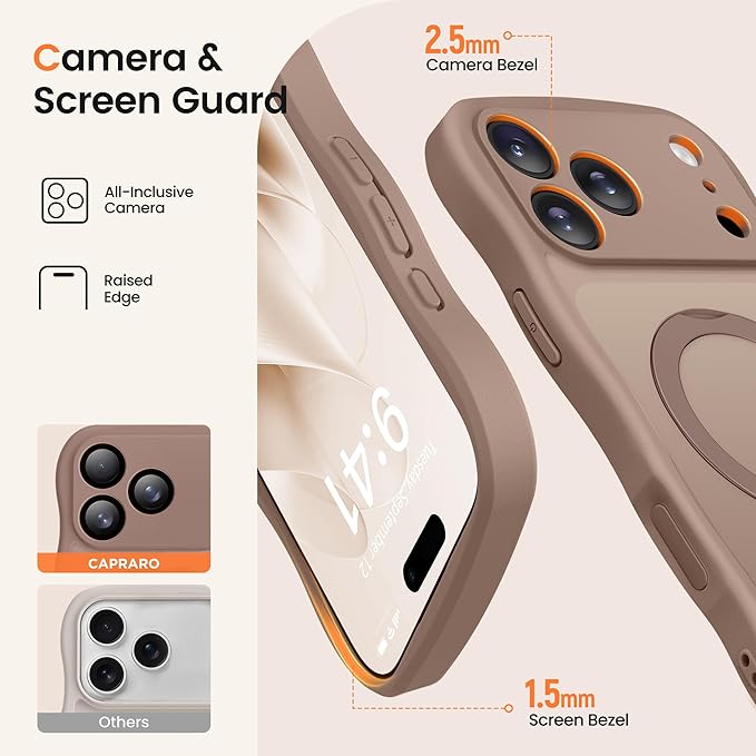 CAPRARO for iPhone 17 Pro Case with 360° Spin Magnetic Stand for Women, [Compatible with MagSafe] [Full Camera Protection] Cute Wave Translucent Matte Case for iPhone 17 Pro, Brown